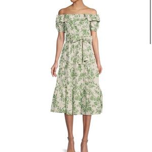 Floral Toile Print Cotton Poplin Off-the-Shoulder Ruffle Tiered Midi Dress